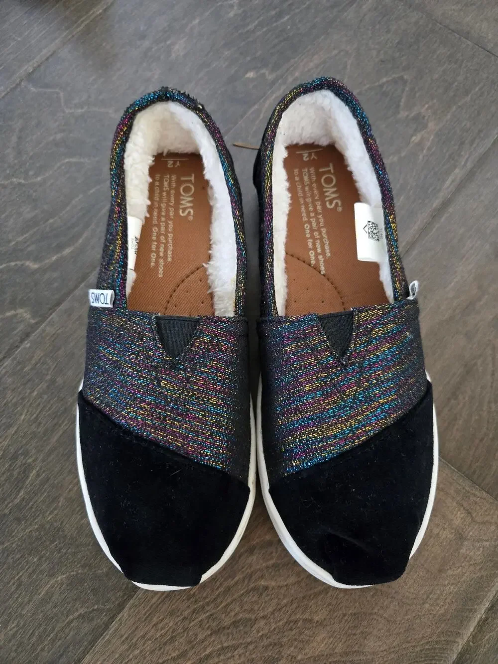 TOMS Classics Metallic Velvet Flats Girls Black Size 2